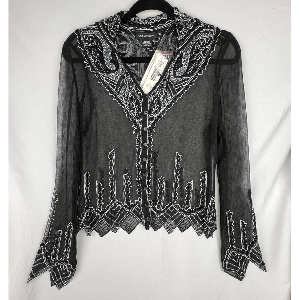 For Joseph Vintage Deadstock Silk Beaded Blouse Shirt M Black Sheer Art Deco